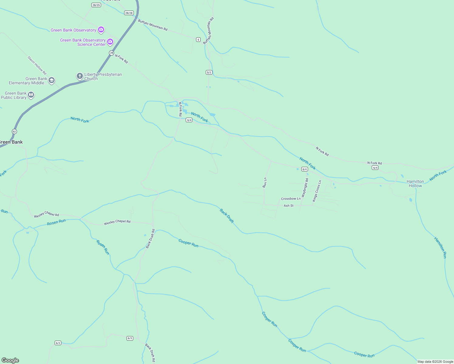 map of restaurants, bars, coffee shops, grocery stores, and more near 3419 North Fork Loop in Green Bank