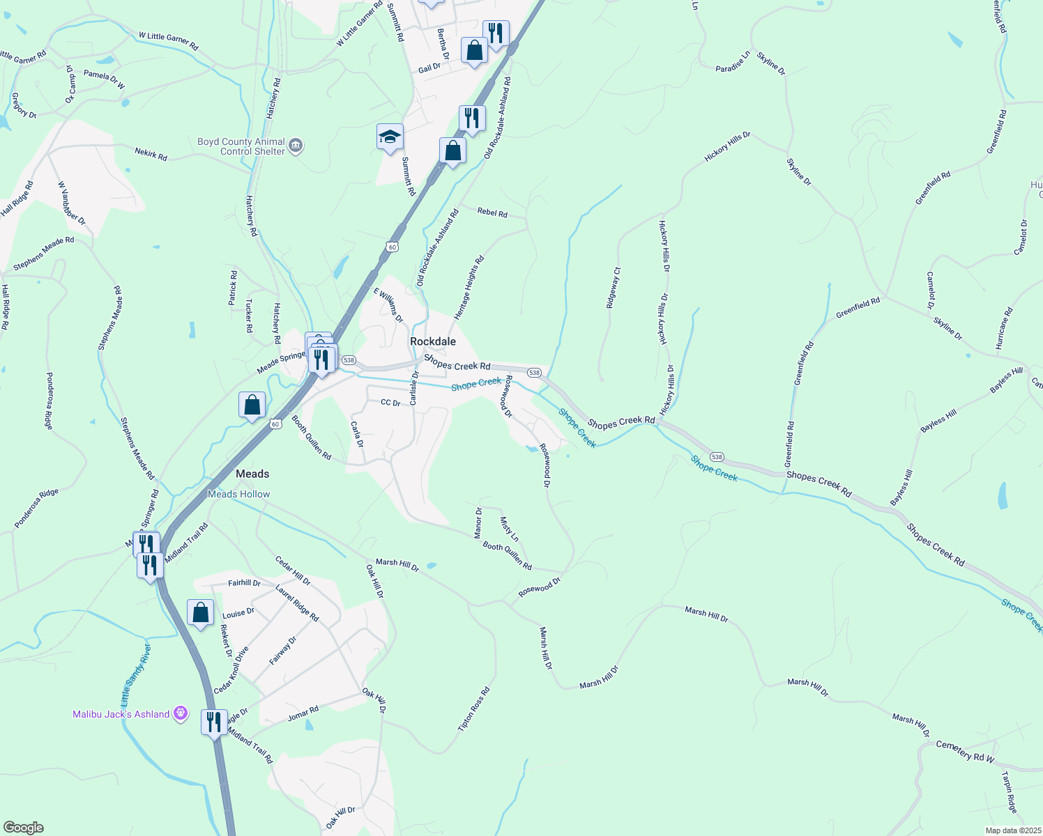 map of restaurants, bars, coffee shops, grocery stores, and more near 7904 Rosewood Drive in Ashland