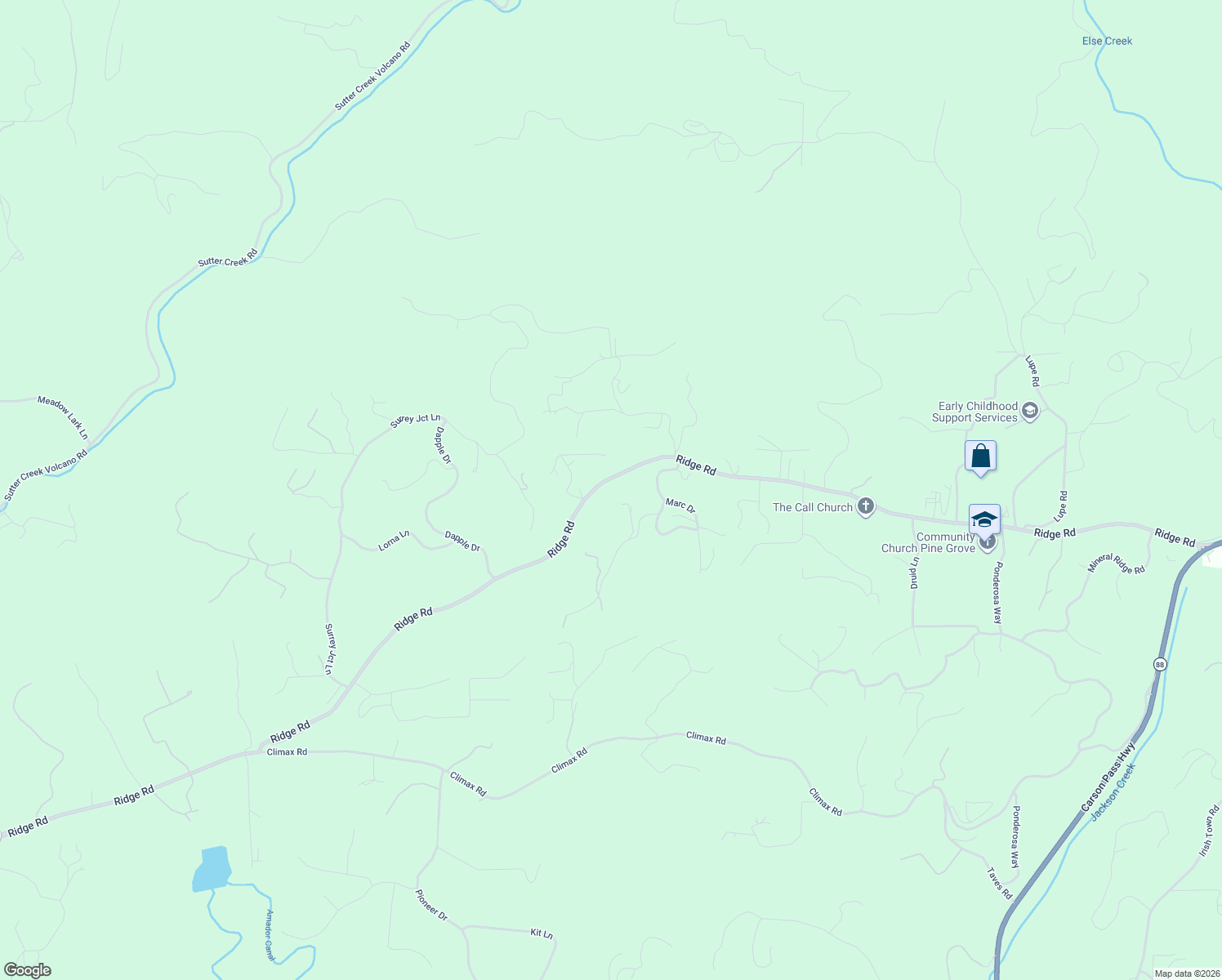 map of restaurants, bars, coffee shops, grocery stores, and more near 17680 Ridge Road in Pine Grove