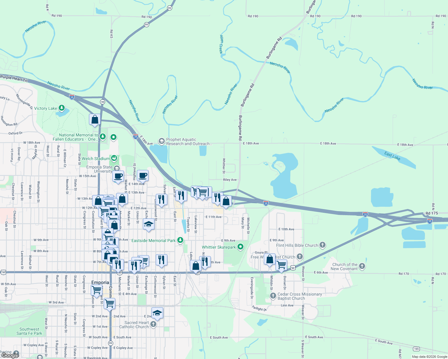 map of restaurants, bars, coffee shops, grocery stores, and more near 1299 Riley Ave in Emporia