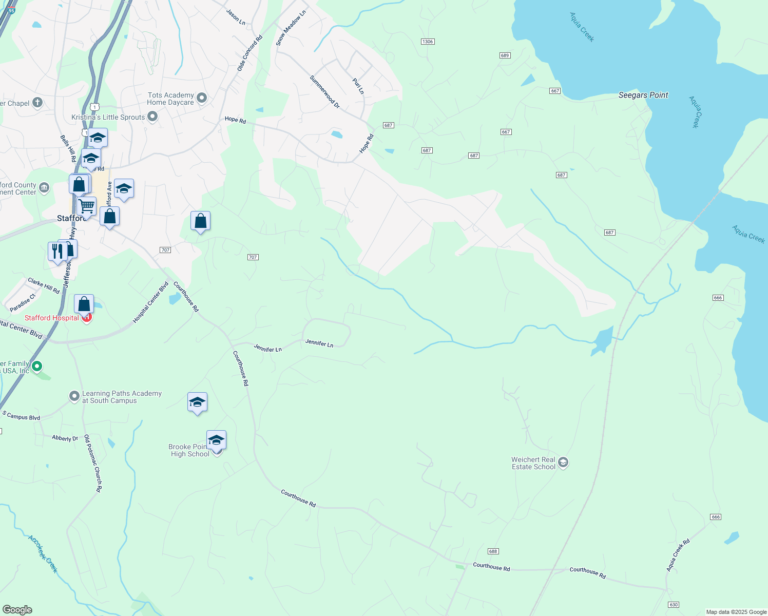 map of restaurants, bars, coffee shops, grocery stores, and more near 57 Sharp Court in Stafford