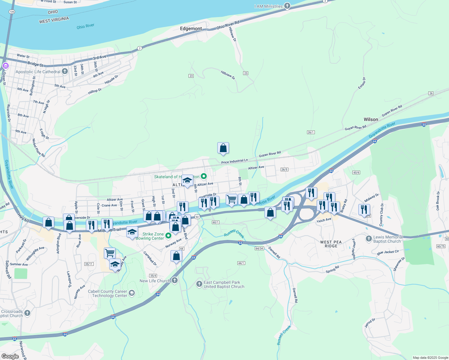 map of restaurants, bars, coffee shops, grocery stores, and more near 4690 Altizer Avenue in Huntington