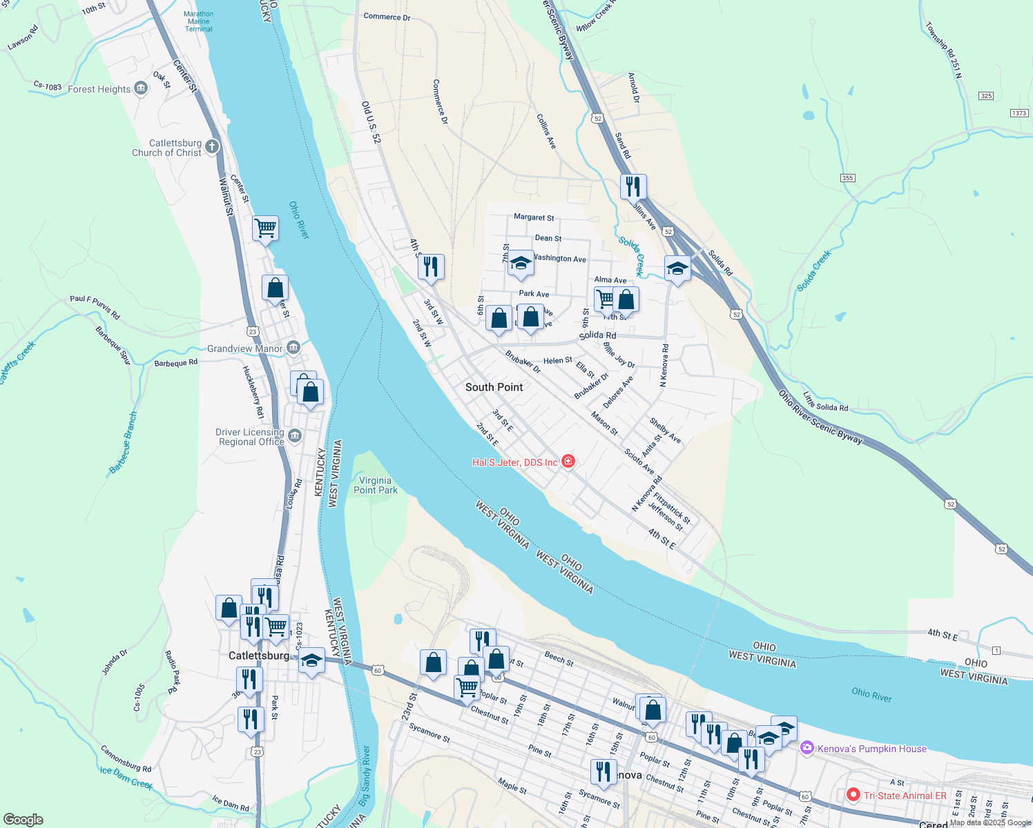 map of restaurants, bars, coffee shops, grocery stores, and more near 403 4th Street East in South Point