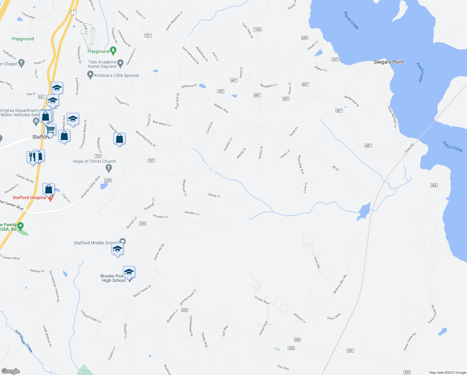 map of restaurants, bars, coffee shops, grocery stores, and more near 57 Sharp Court in Stafford
