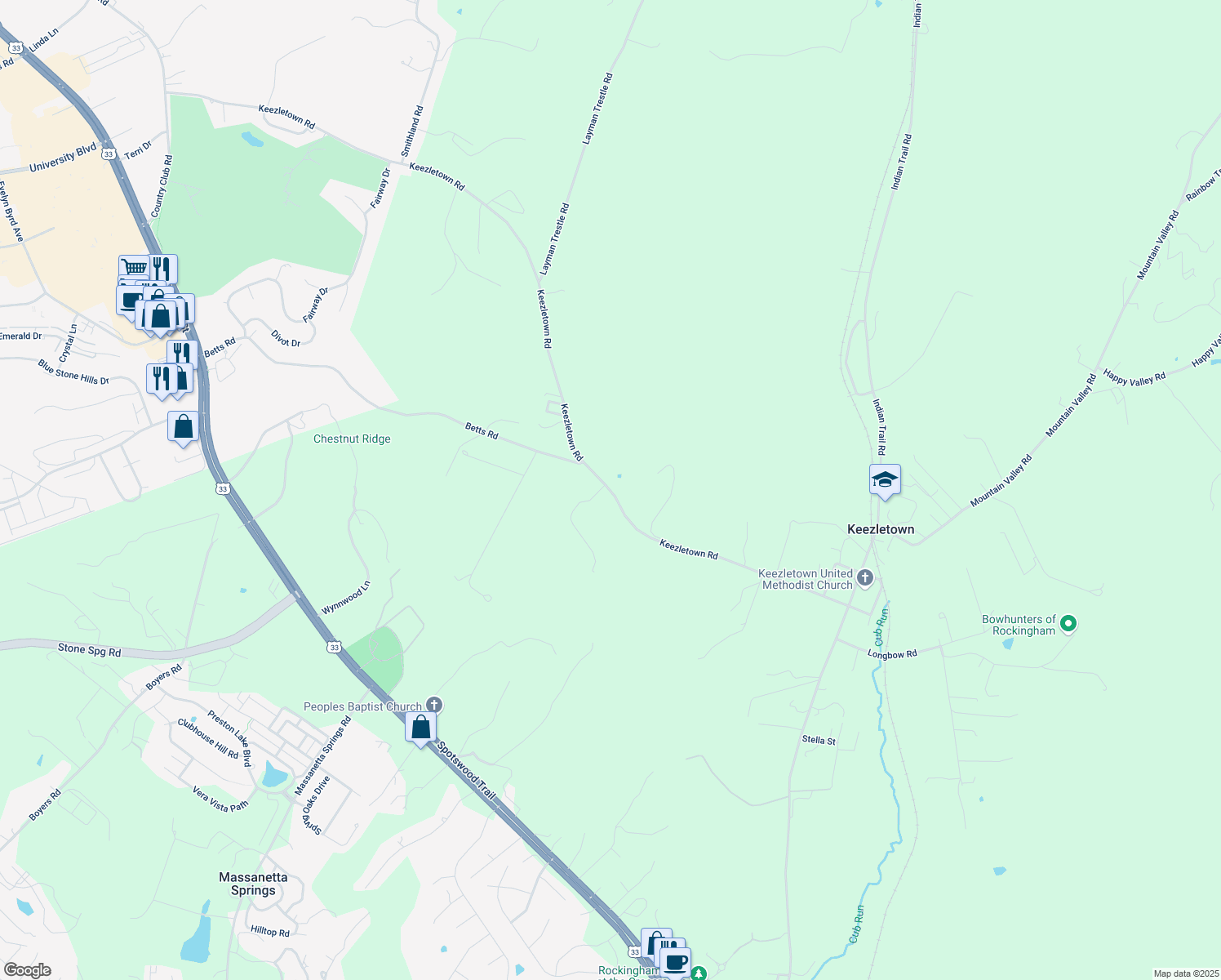 map of restaurants, bars, coffee shops, grocery stores, and more near Keezletown Road in Keezletown