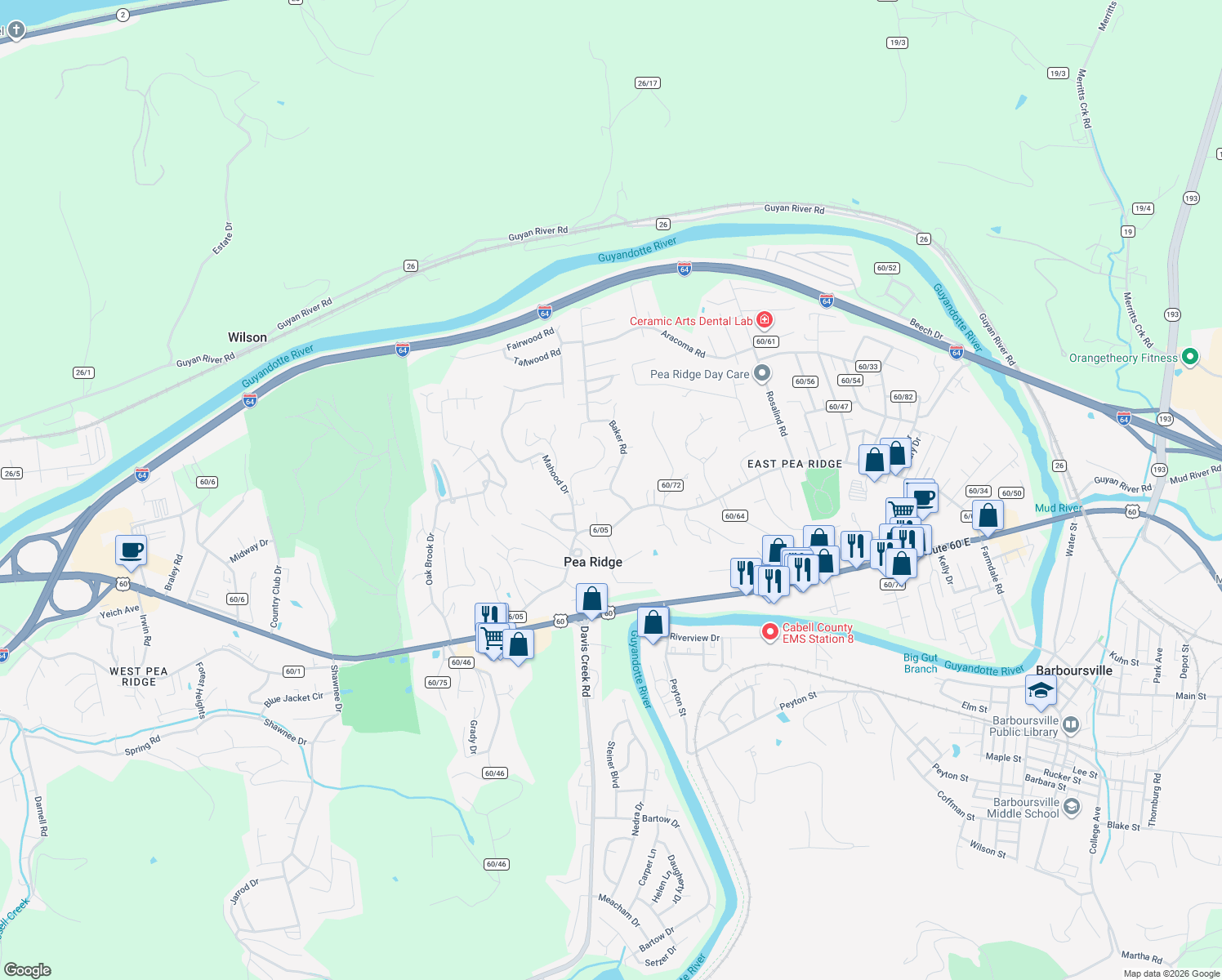 map of restaurants, bars, coffee shops, grocery stores, and more near 5972 Baker Rd in Huntington