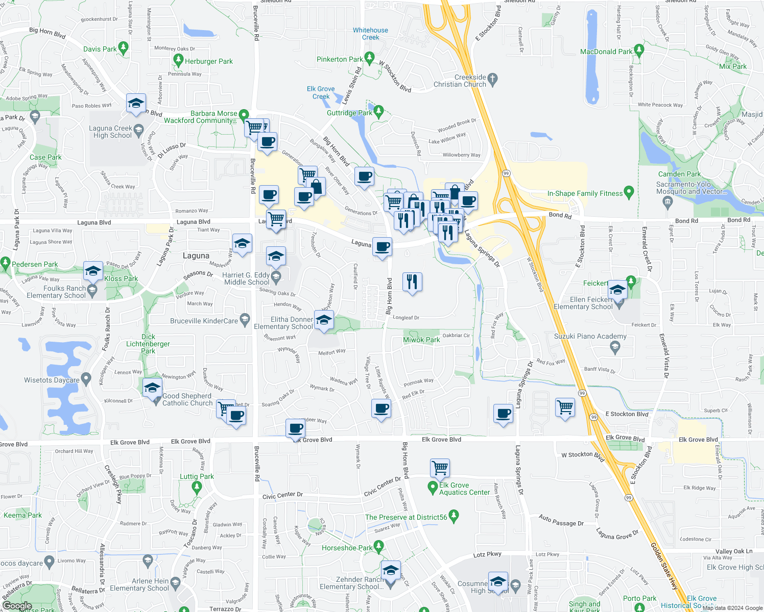 map of restaurants, bars, coffee shops, grocery stores, and more near 8480 Crystal Walk Circle in Elk Grove