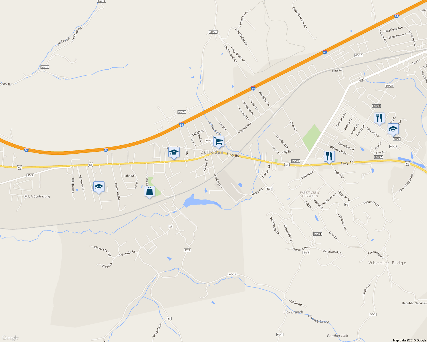 map of restaurants, bars, coffee shops, grocery stores, and more near 2199 Dudding Lane in Culloden