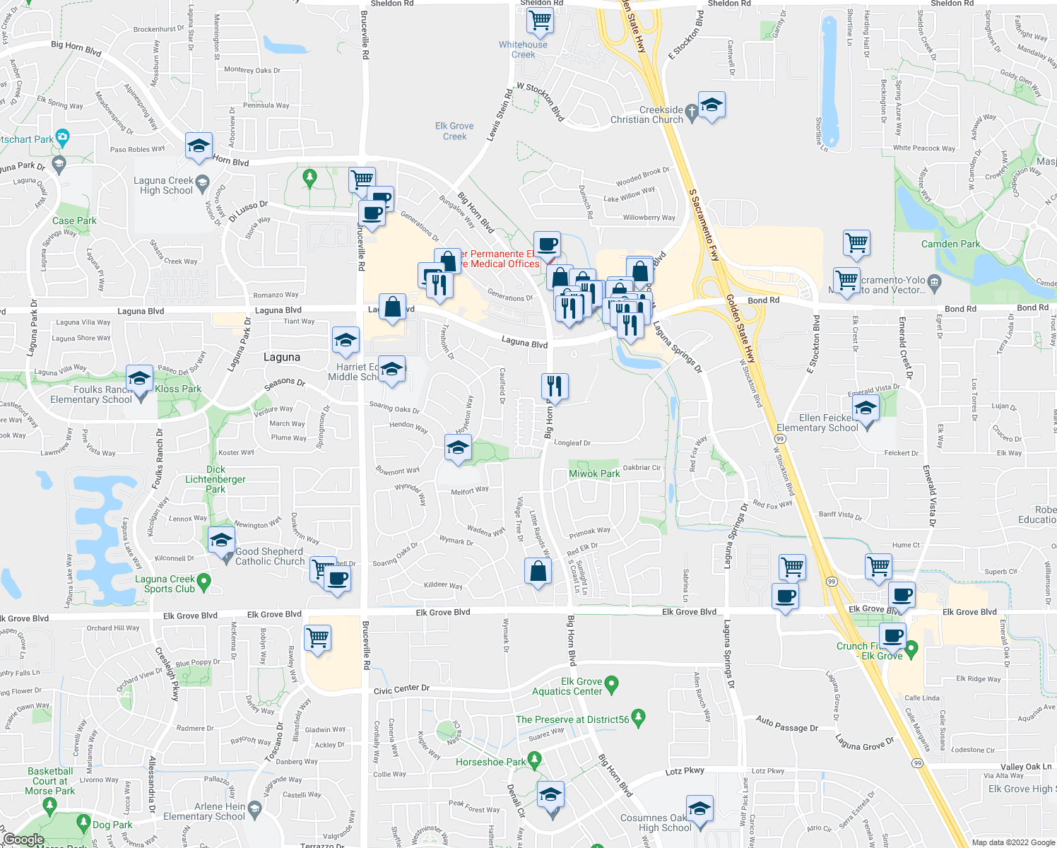 map of restaurants, bars, coffee shops, grocery stores, and more near 8480 Crystal Walk Circle in Elk Grove