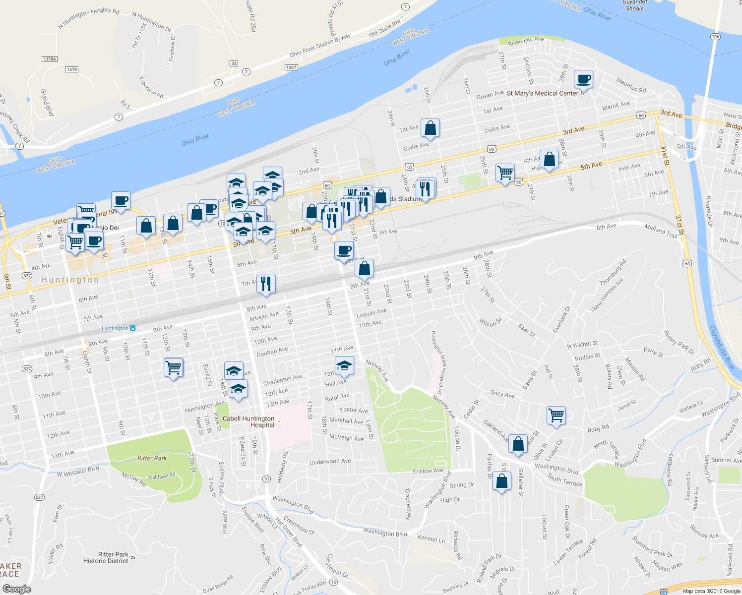 map of restaurants, bars, coffee shops, grocery stores, and more near 830 21st Street in Huntington