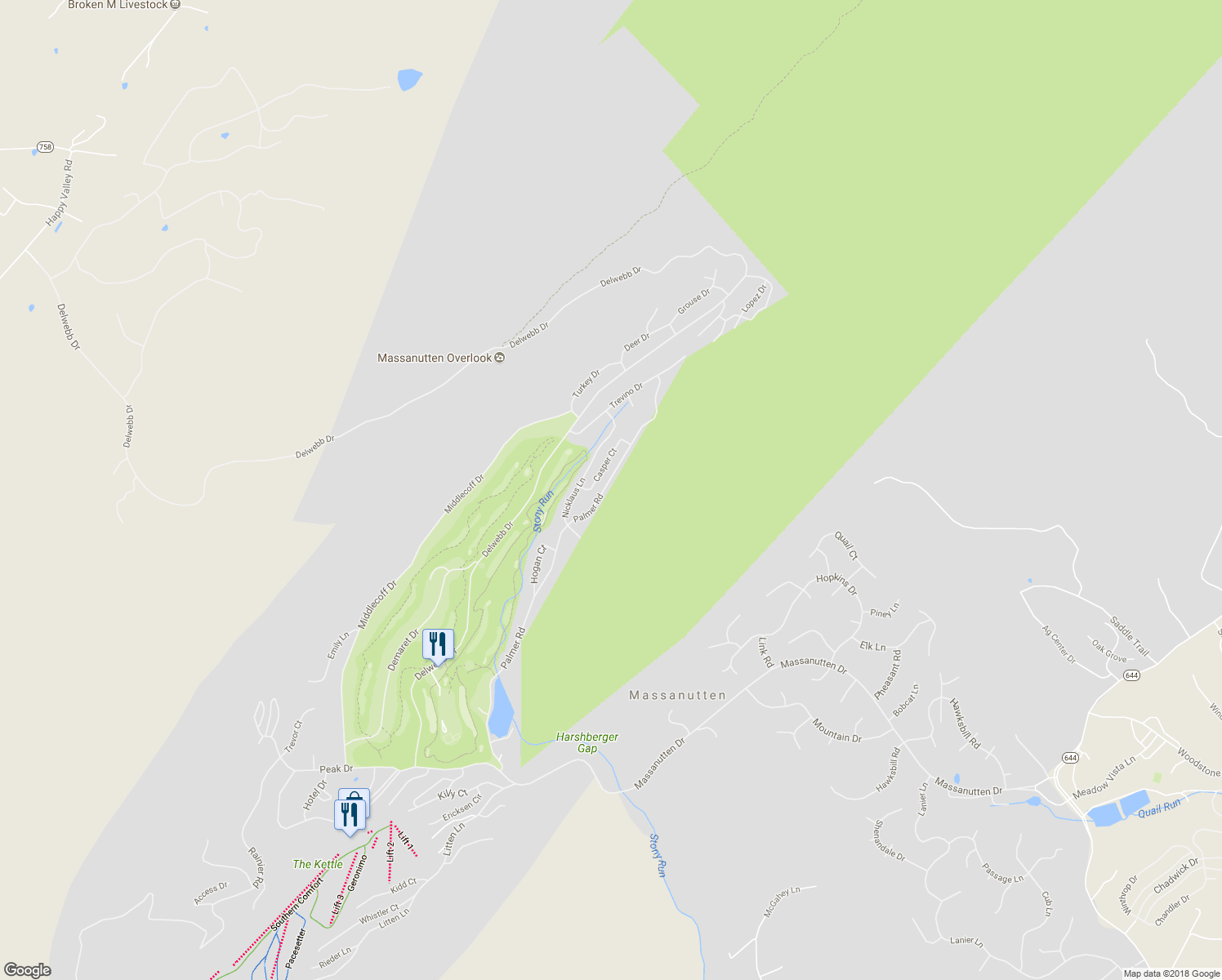 map of restaurants, bars, coffee shops, grocery stores, and more near 4534 Palmer Road in McGaheysville