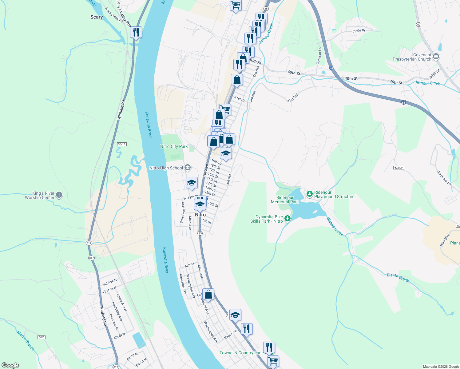 map of restaurants, bars, coffee shops, grocery stores, and more near 2835 3rd Ave in Nitro