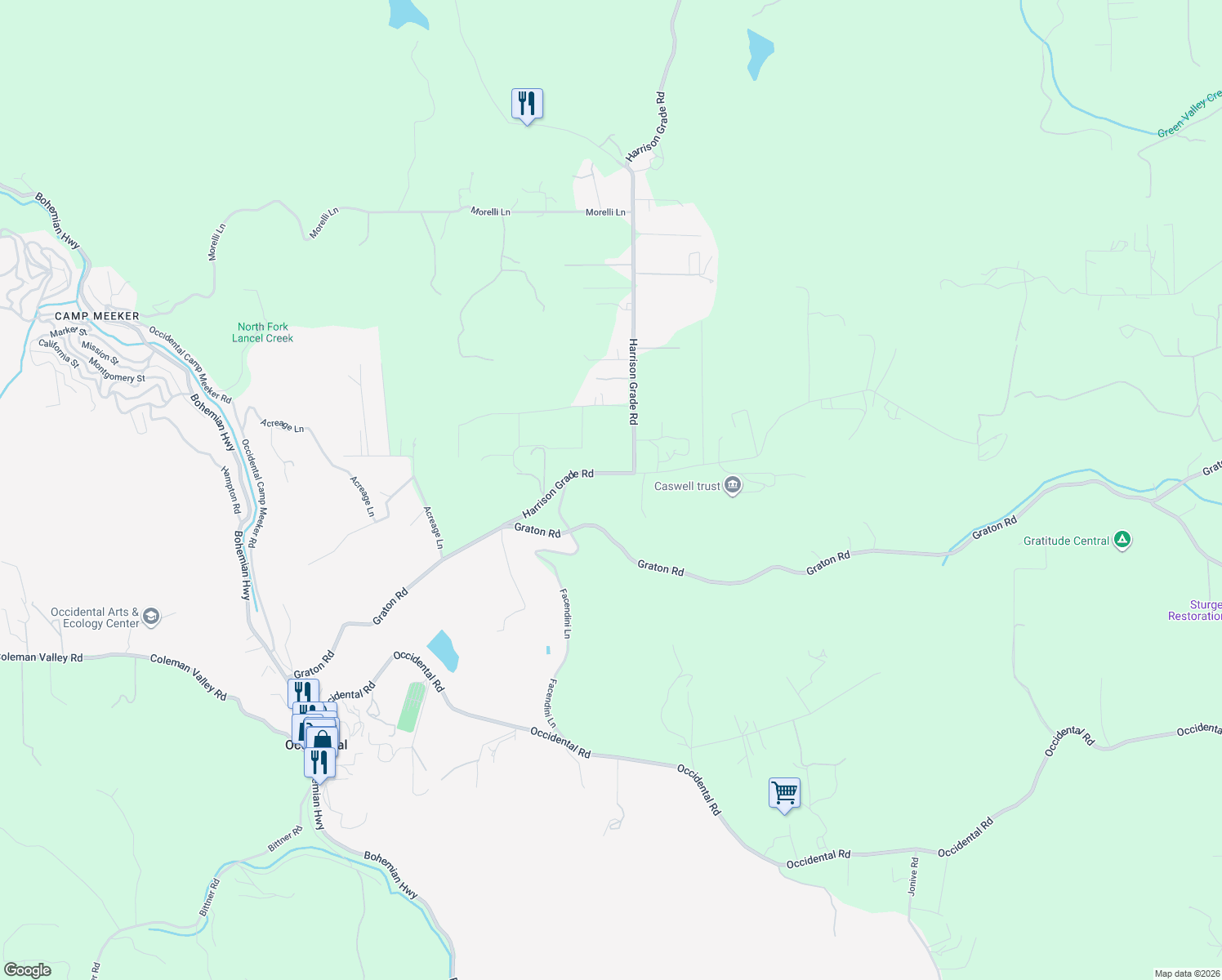 map of restaurants, bars, coffee shops, grocery stores, and more near 3433 Harrison Grade Road in Sebastopol