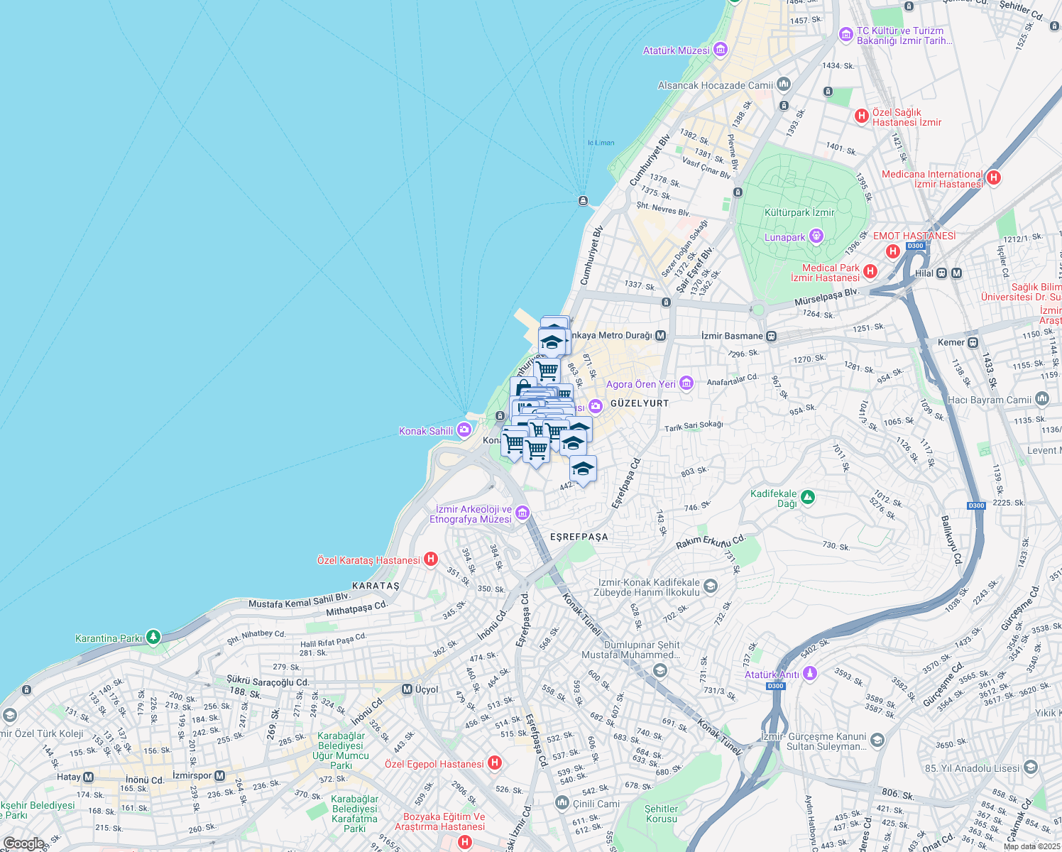 map of restaurants, bars, coffee shops, grocery stores, and more near 1 Cumhuriyet Bulvarı in Konak