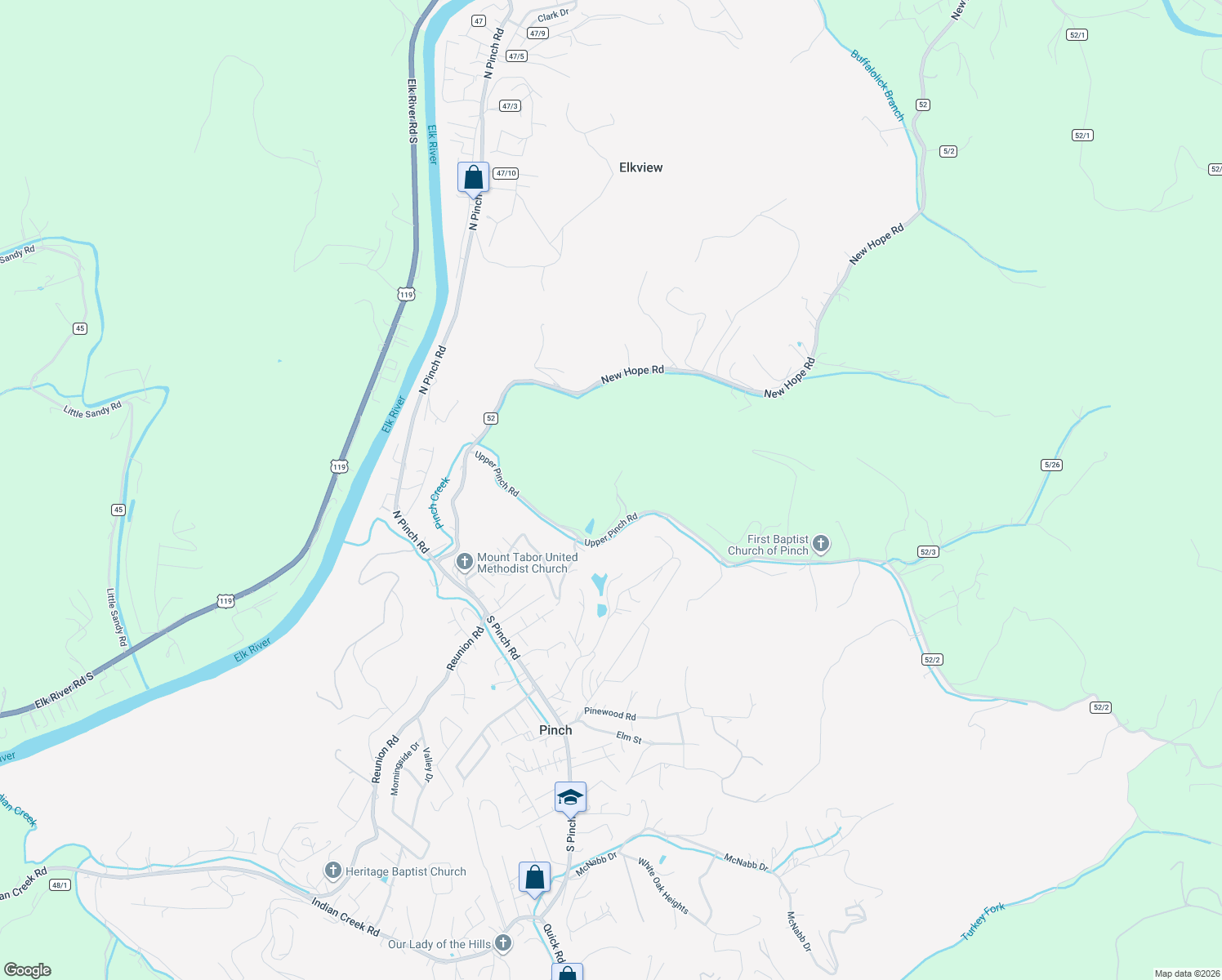 map of restaurants, bars, coffee shops, grocery stores, and more near 23 Upper Pinch Road in Elkview
