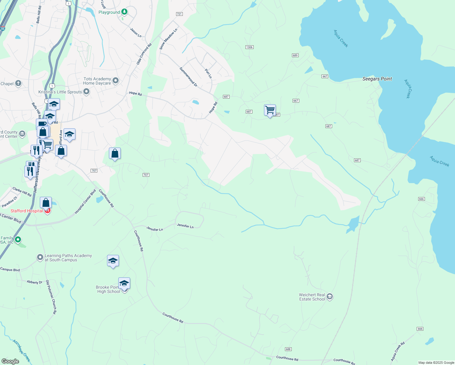 map of restaurants, bars, coffee shops, grocery stores, and more near 118 Wendy Street in Stafford