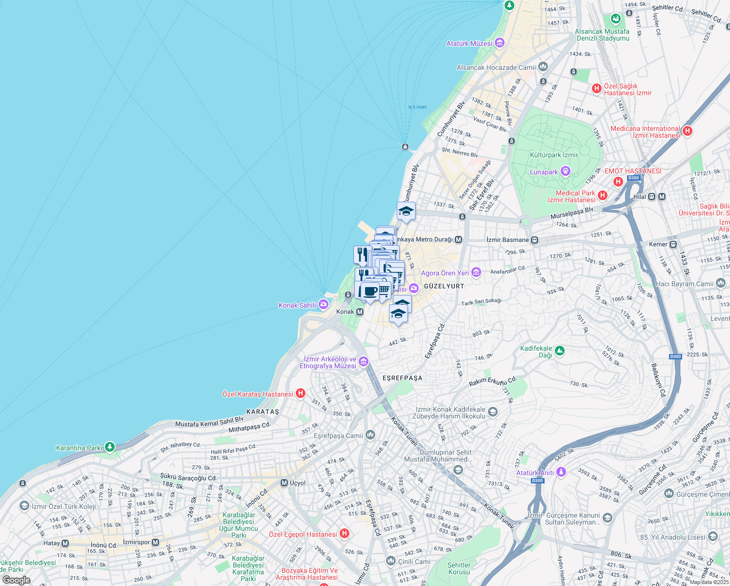 map of restaurants, bars, coffee shops, grocery stores, and more near 1 Cumhuriyet Bulvarı in Konak