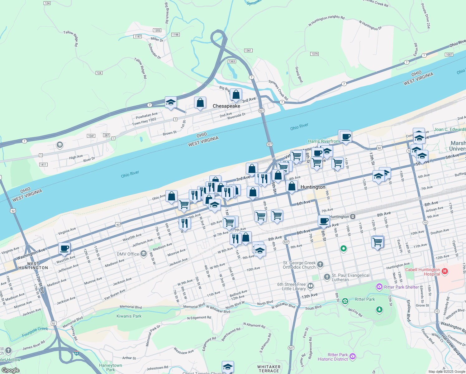 map of restaurants, bars, coffee shops, grocery stores, and more near 321 2nd Street in Huntington