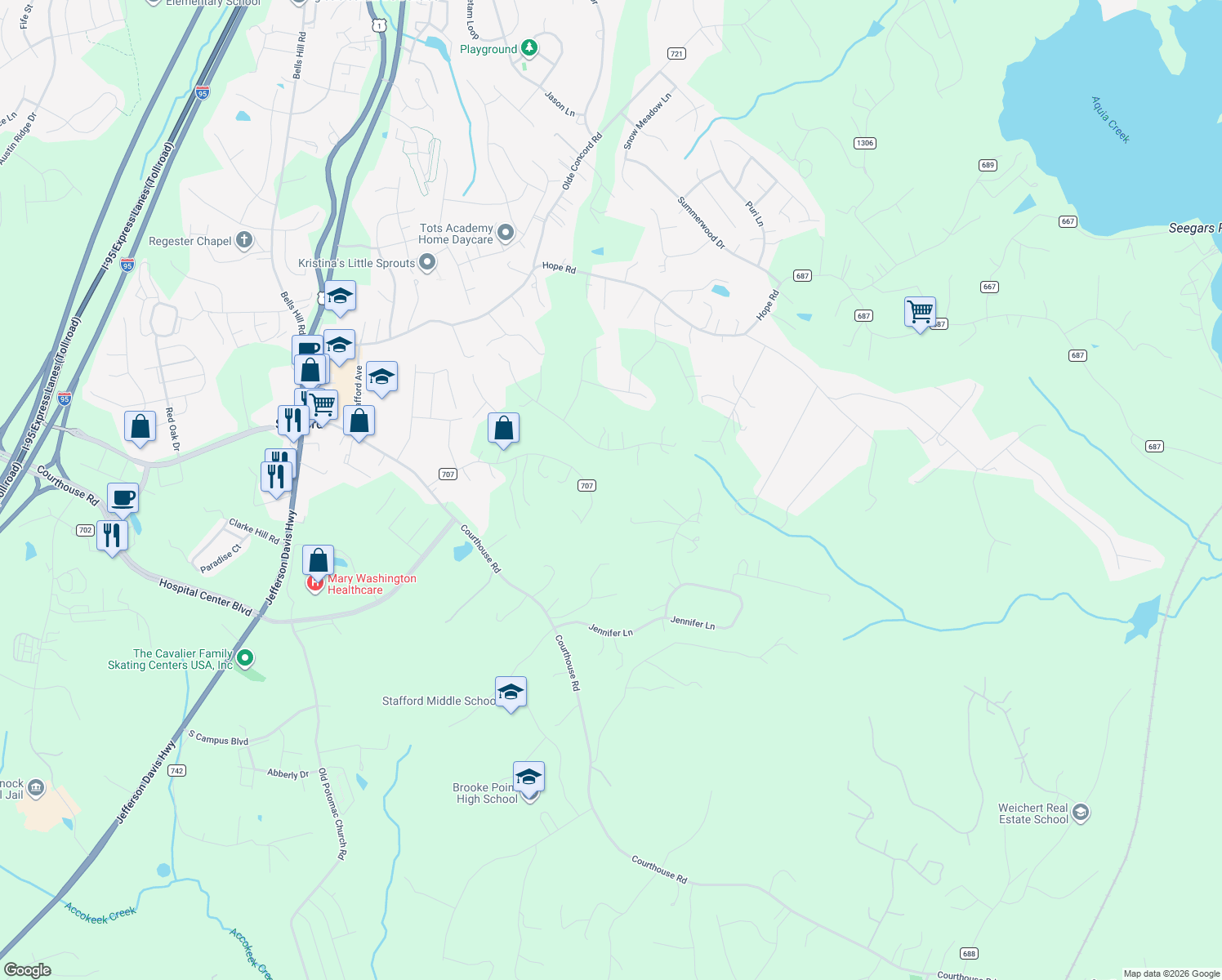 map of restaurants, bars, coffee shops, grocery stores, and more near 93 Dent Road in Stafford