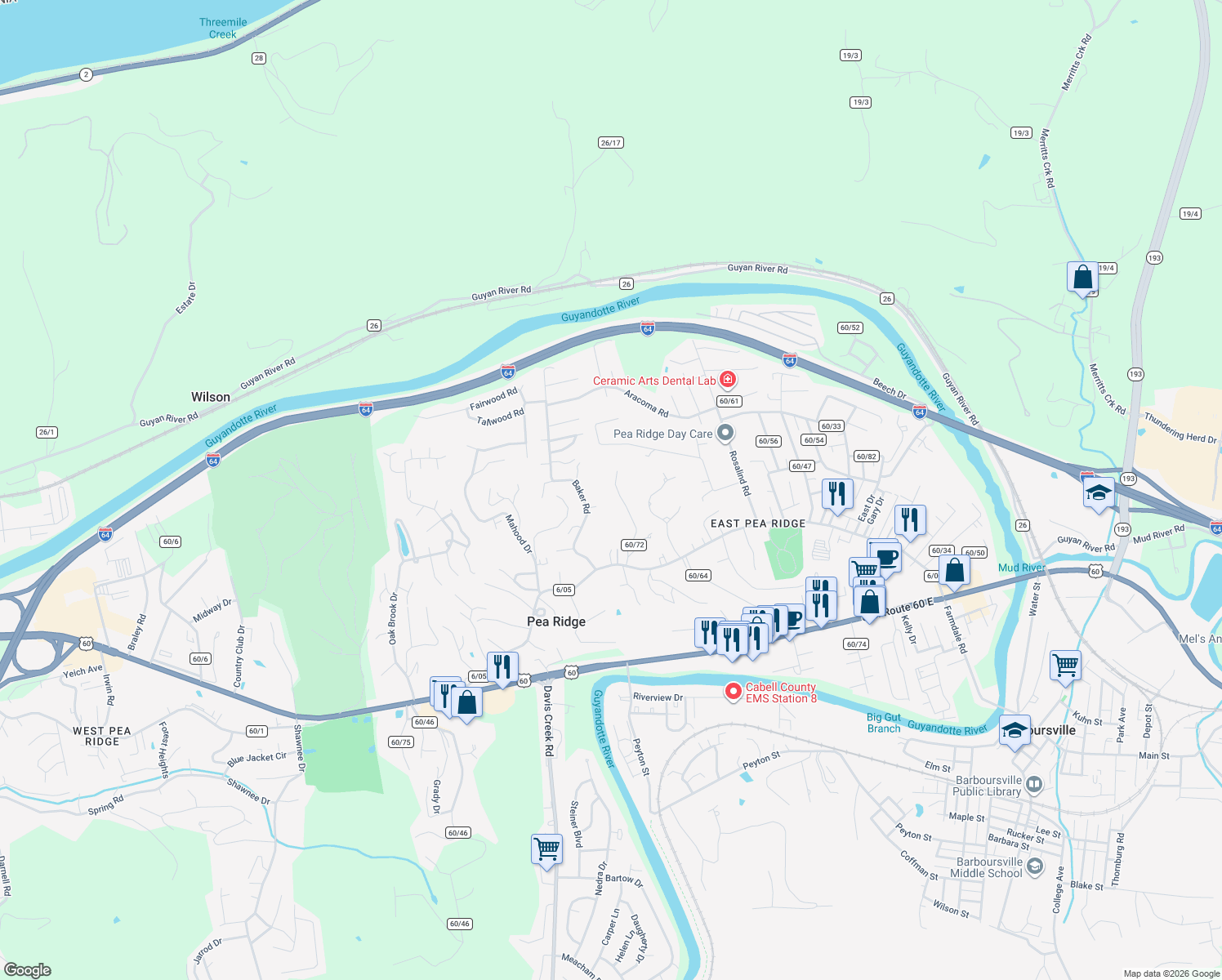 map of restaurants, bars, coffee shops, grocery stores, and more near 6121 Gideon Road in Huntington