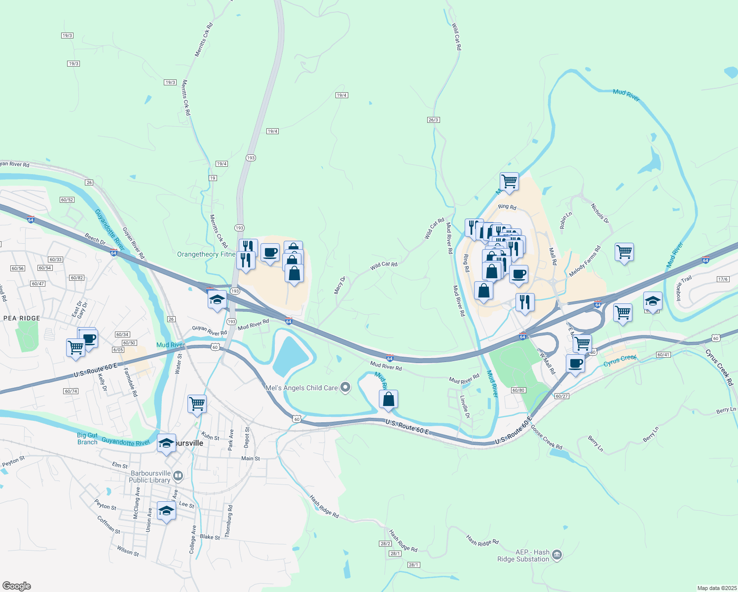 map of restaurants, bars, coffee shops, grocery stores, and more near 14 Country Oaks Dr in Barboursville