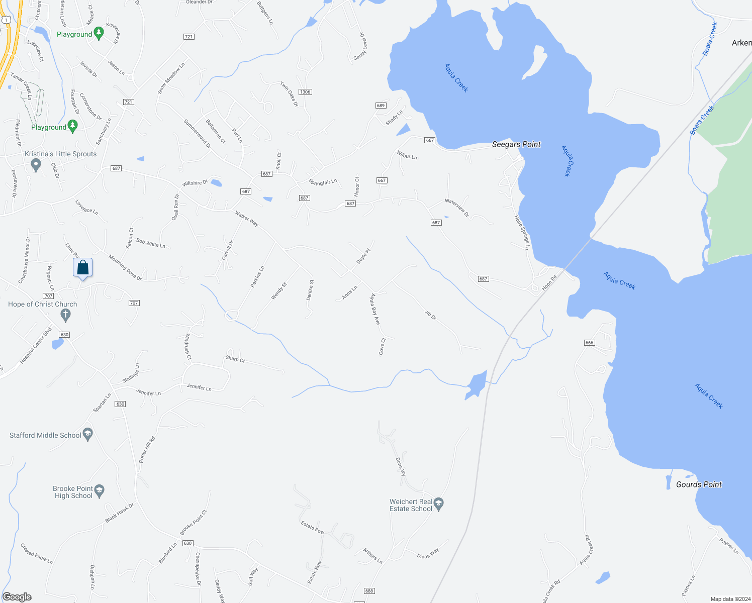 map of restaurants, bars, coffee shops, grocery stores, and more near 200 Aquia Bay Avenue in Stafford