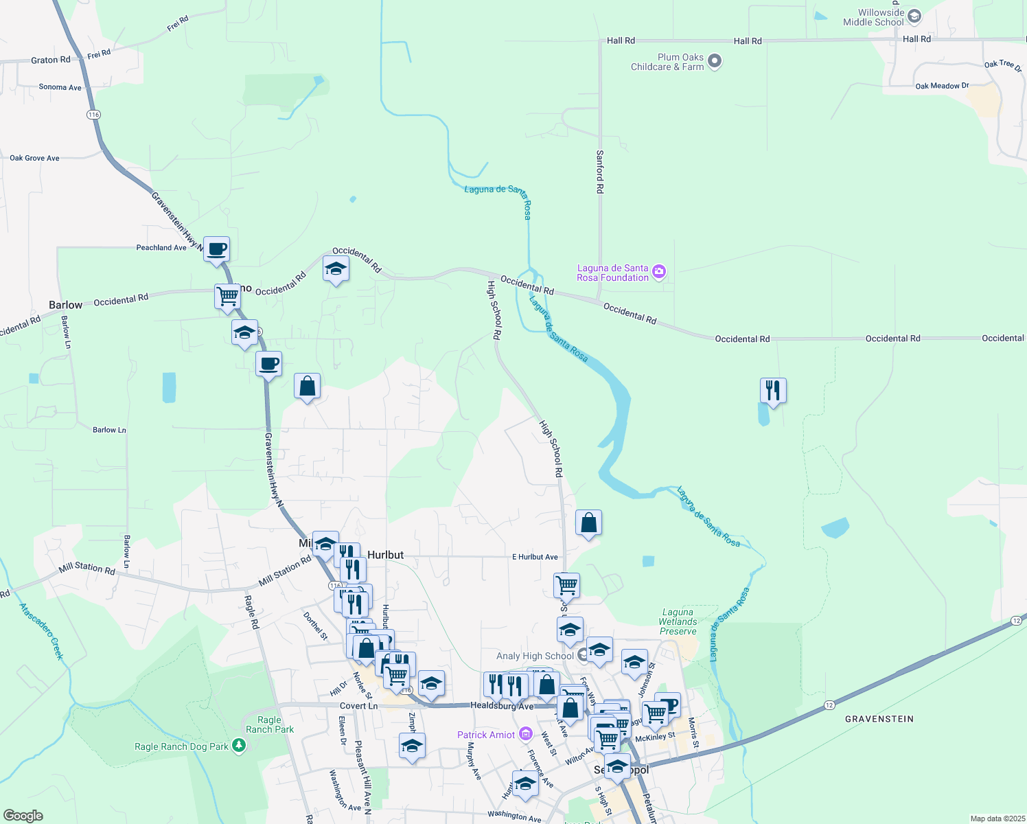 map of restaurants, bars, coffee shops, grocery stores, and more near 1498 High School Road in Sebastopol