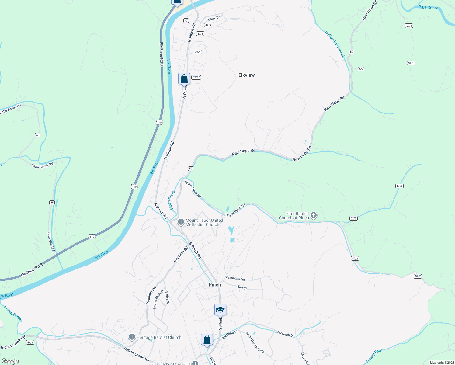 map of restaurants, bars, coffee shops, grocery stores, and more near 23 Upper Pinch Road in Elkview
