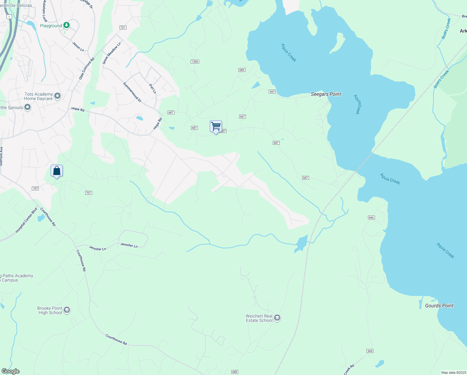 map of restaurants, bars, coffee shops, grocery stores, and more near 64 Walker Way in Stafford