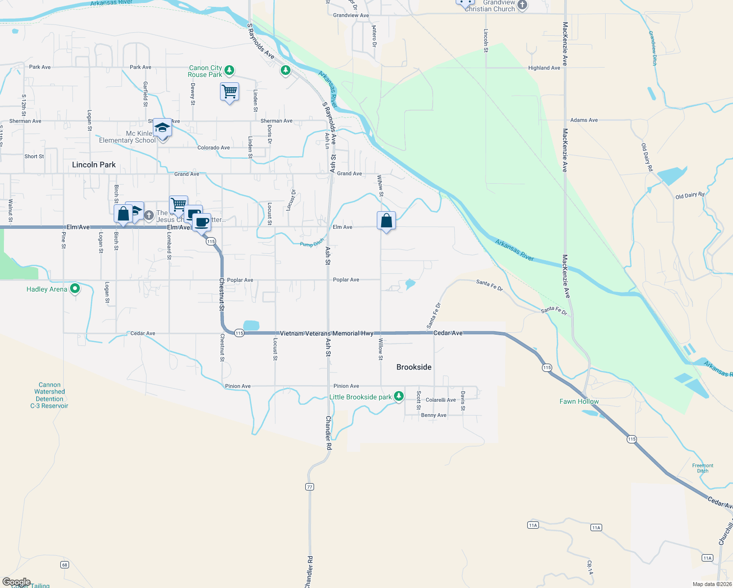 map of restaurants, bars, coffee shops, grocery stores, and more near 1834 Poplar Avenue in Cañon City