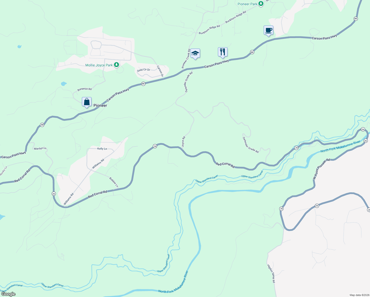map of restaurants, bars, coffee shops, grocery stores, and more near 14730 Joyce Road in Pioneer