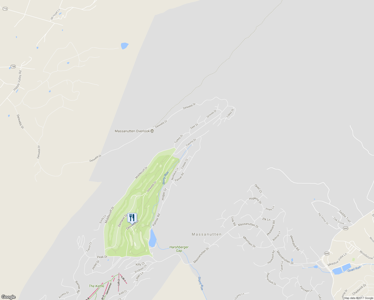 map of restaurants, bars, coffee shops, grocery stores, and more near 5252 Nicklaus Lane in Massanutten