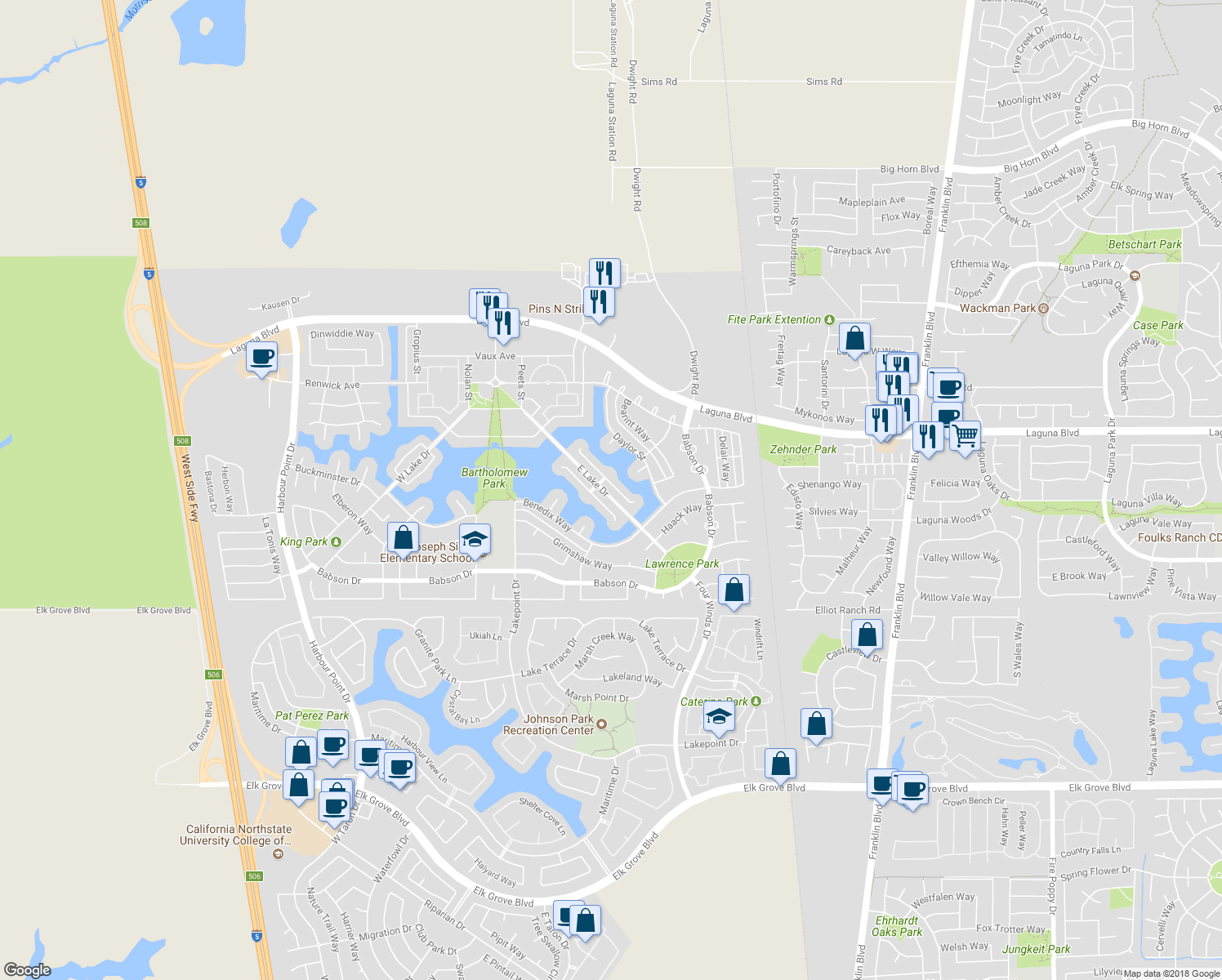 map of restaurants, bars, coffee shops, grocery stores, and more near 3516 East Island Court in Elk Grove