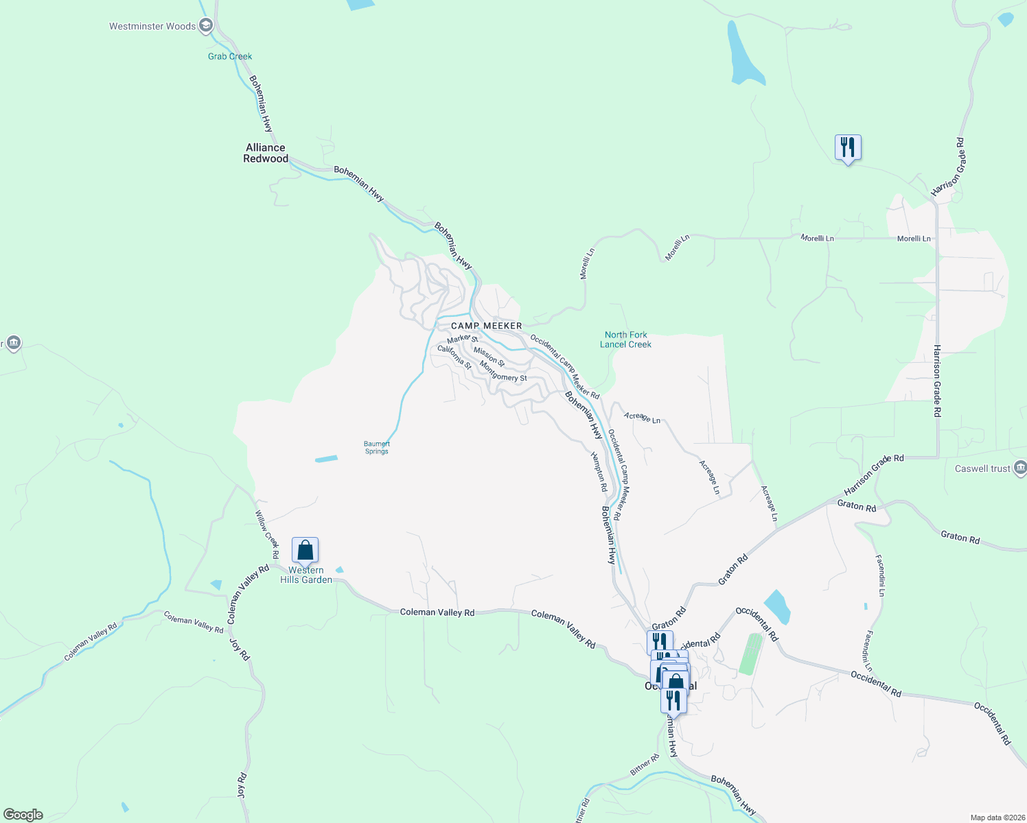 map of restaurants, bars, coffee shops, grocery stores, and more near 39 Gilson Road in Camp Meeker
