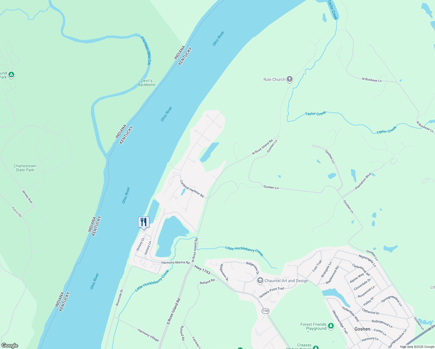 map of restaurants, bars, coffee shops, grocery stores, and more near 2102 North Rose Island Road in Prospect