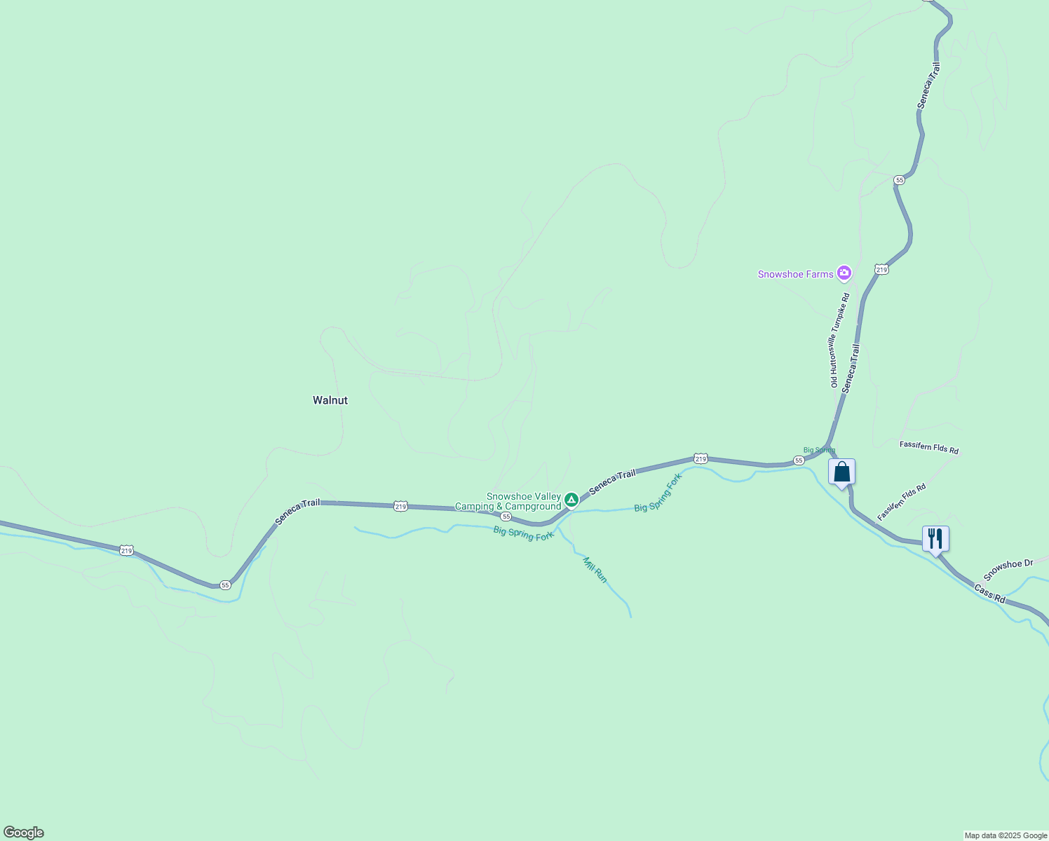 map of restaurants, bars, coffee shops, grocery stores, and more near Farm Road in Snowshoe
