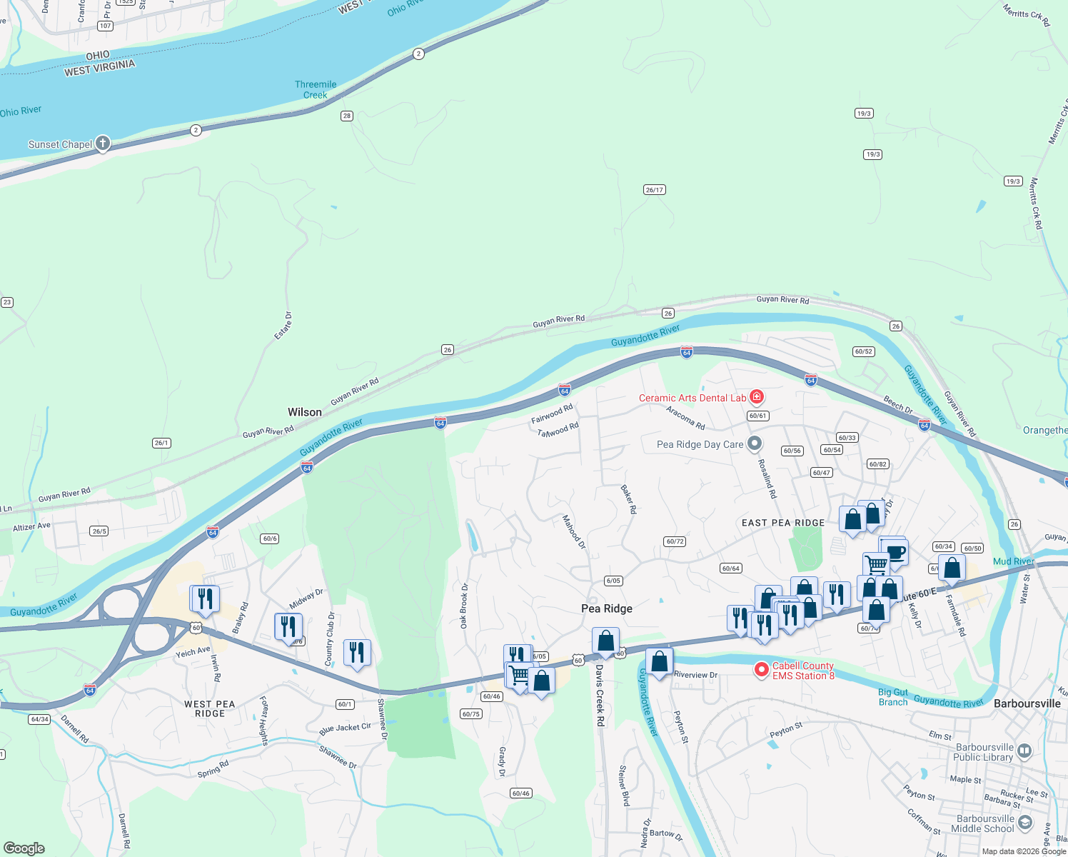 map of restaurants, bars, coffee shops, grocery stores, and more near 580 Tallwood Rd in Huntington
