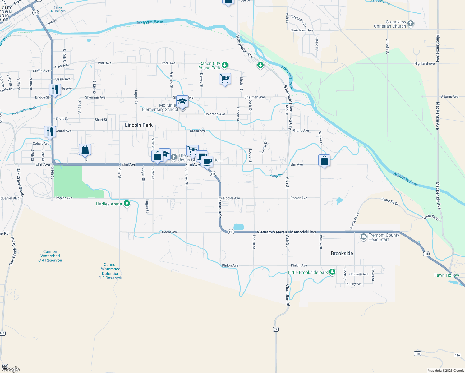 map of restaurants, bars, coffee shops, grocery stores, and more near 1532 Chestnut St in Cañon City