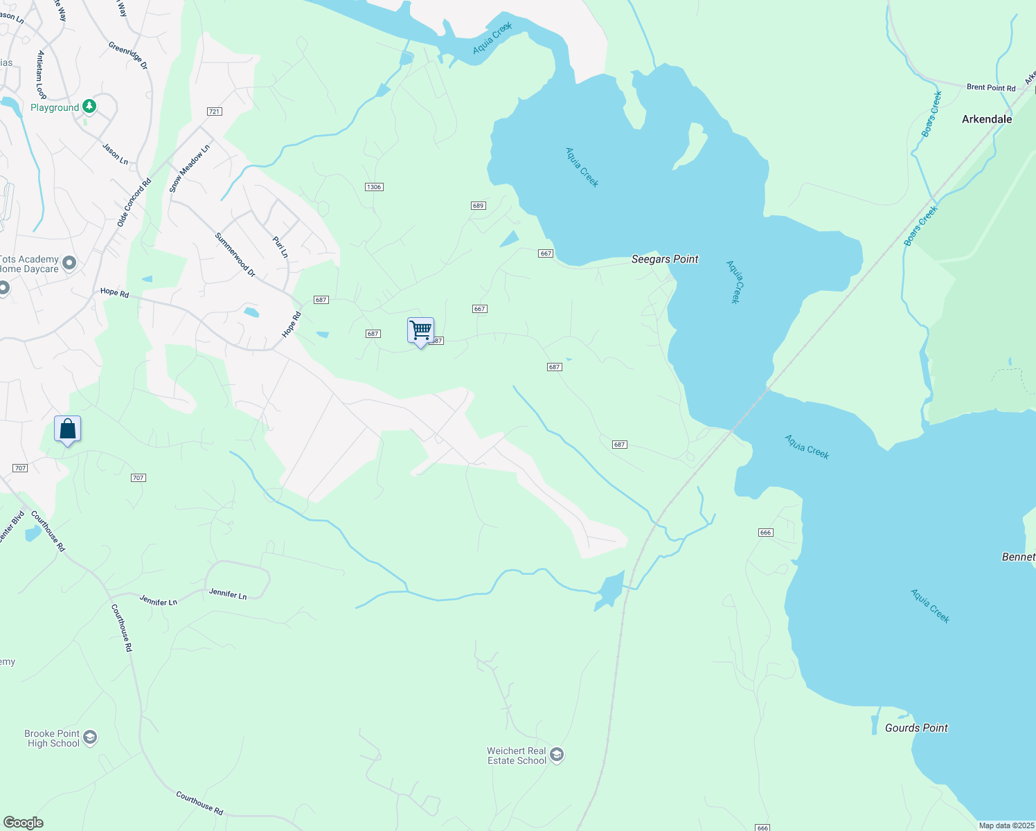 map of restaurants, bars, coffee shops, grocery stores, and more near 101 Aquia Bay Avenue in Stafford