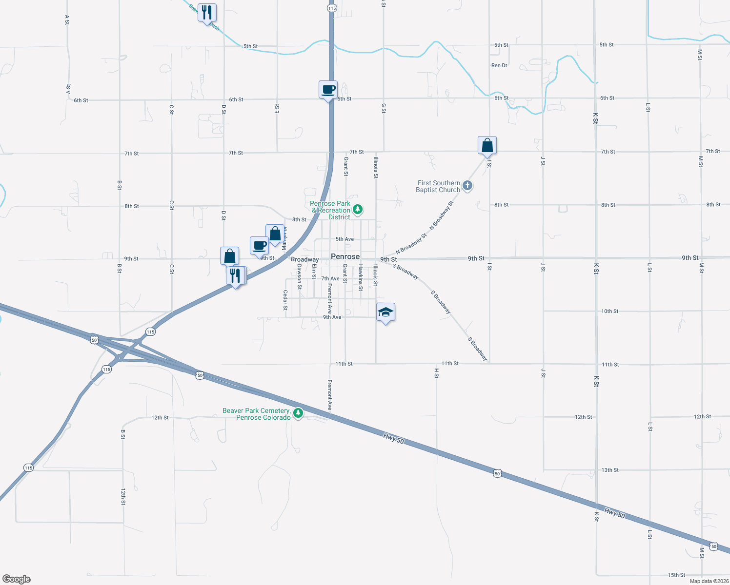 map of restaurants, bars, coffee shops, grocery stores, and more near 104 Hawkins Ave in Penrose