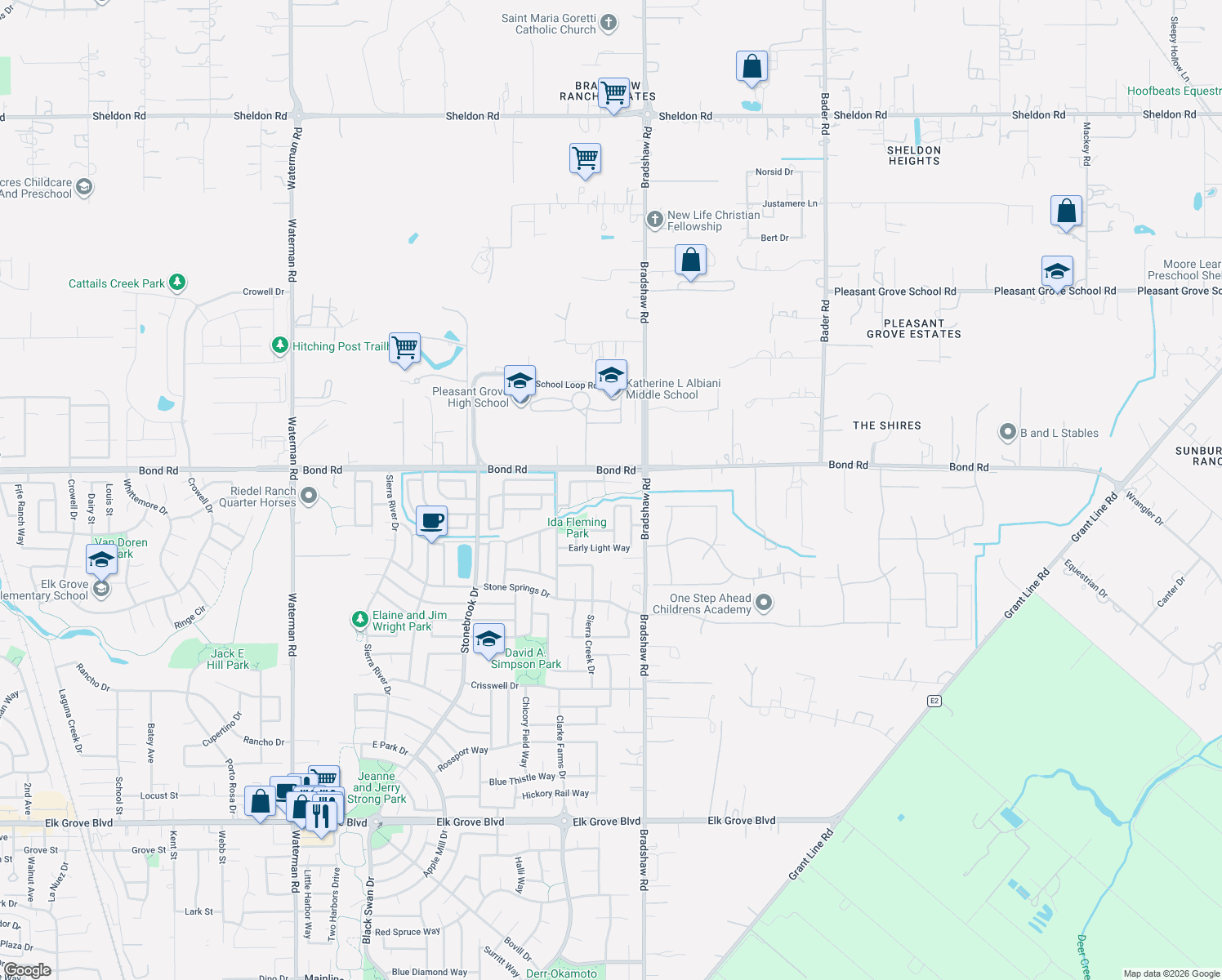 map of restaurants, bars, coffee shops, grocery stores, and more near 9227 Purple Skies Court in Elk Grove