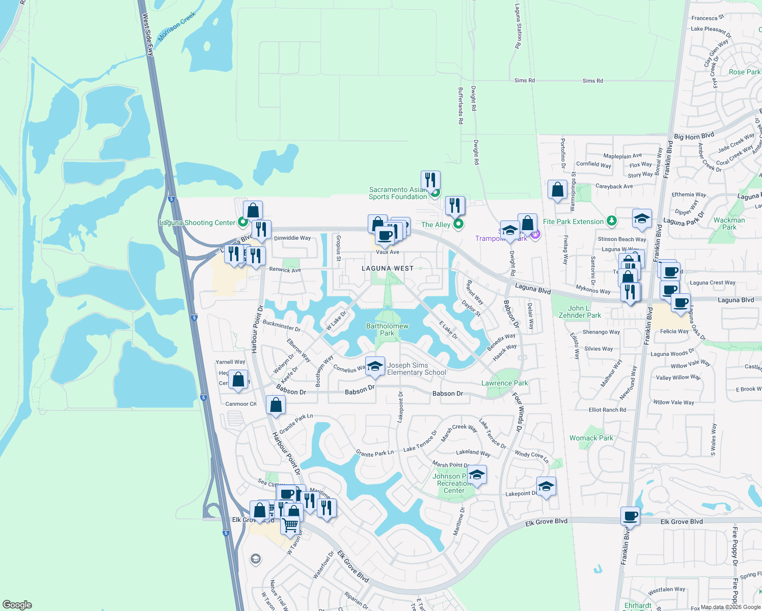 map of restaurants, bars, coffee shops, grocery stores, and more near 2930 W Laguna Ct in Elk Grove