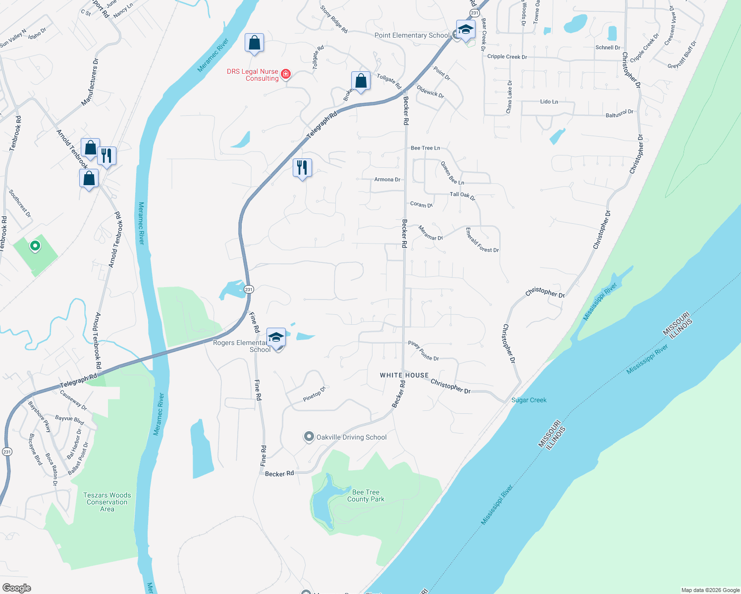 map of restaurants, bars, coffee shops, grocery stores, and more near 3041 Silver Bow Court in St. Louis