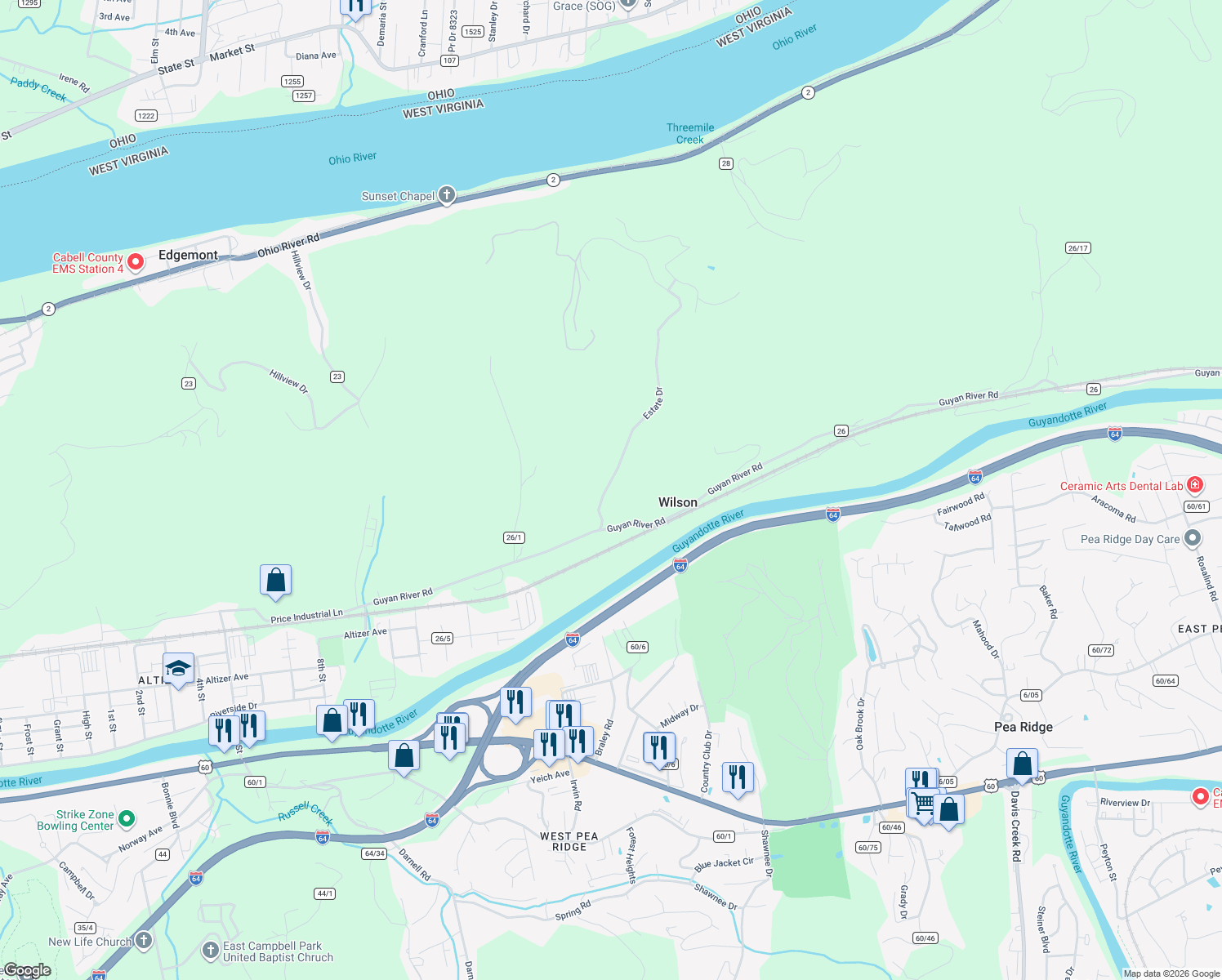 map of restaurants, bars, coffee shops, grocery stores, and more near 106 Estate Dr in Huntington
