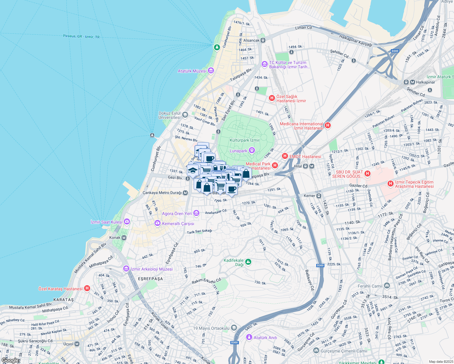 map of restaurants, bars, coffee shops, grocery stores, and more near in İzmir