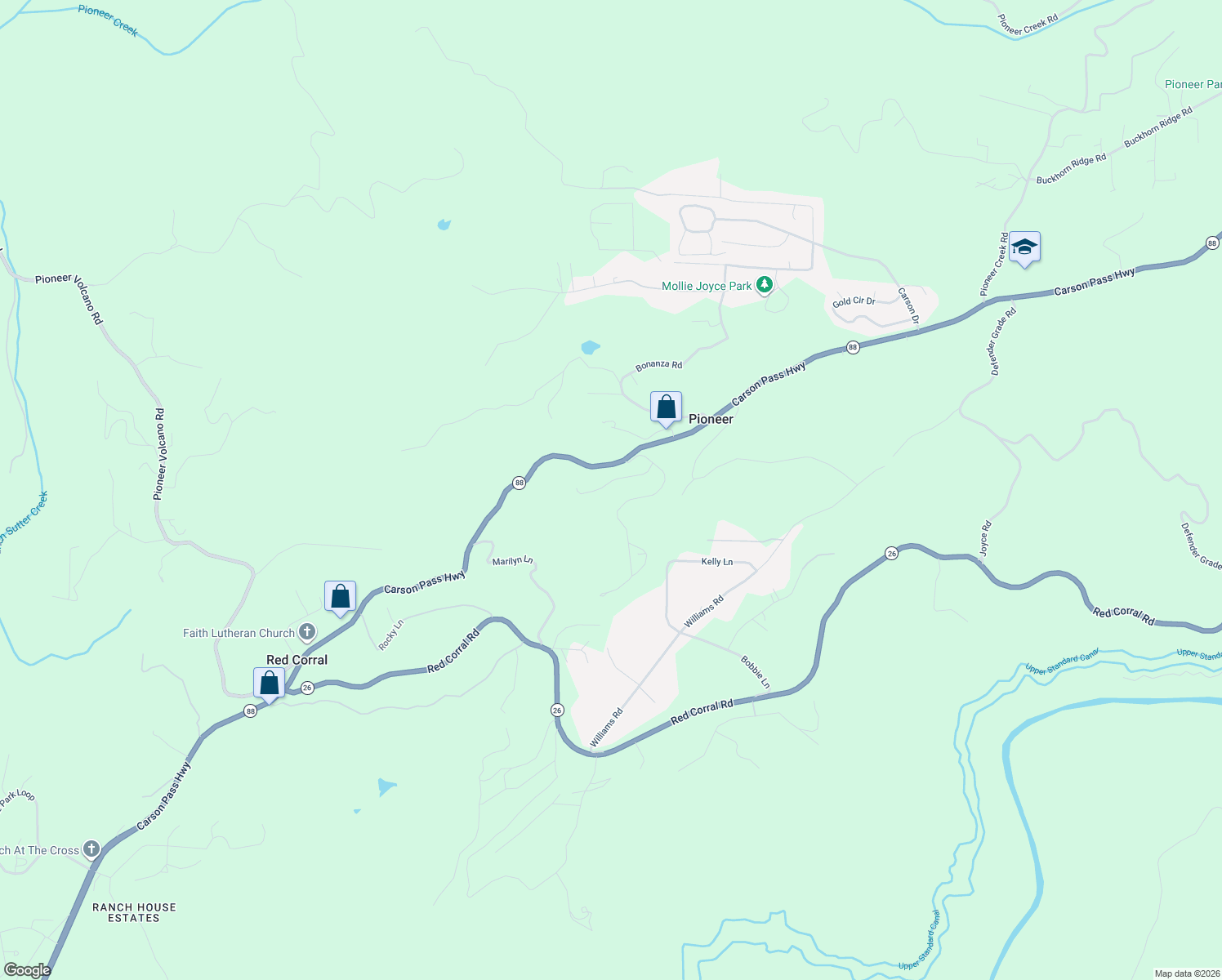 map of restaurants, bars, coffee shops, grocery stores, and more near 23456 Robin Road in Pioneer