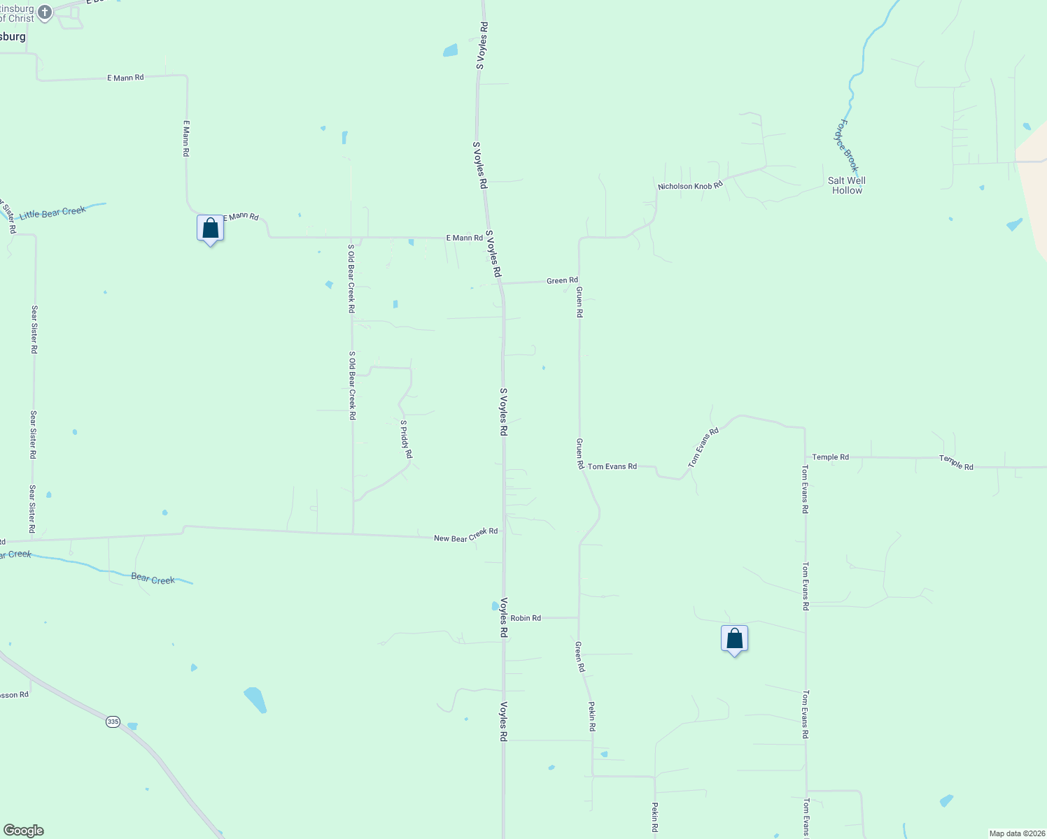 map of restaurants, bars, coffee shops, grocery stores, and more near 29316 Voyles Road in New Pekin