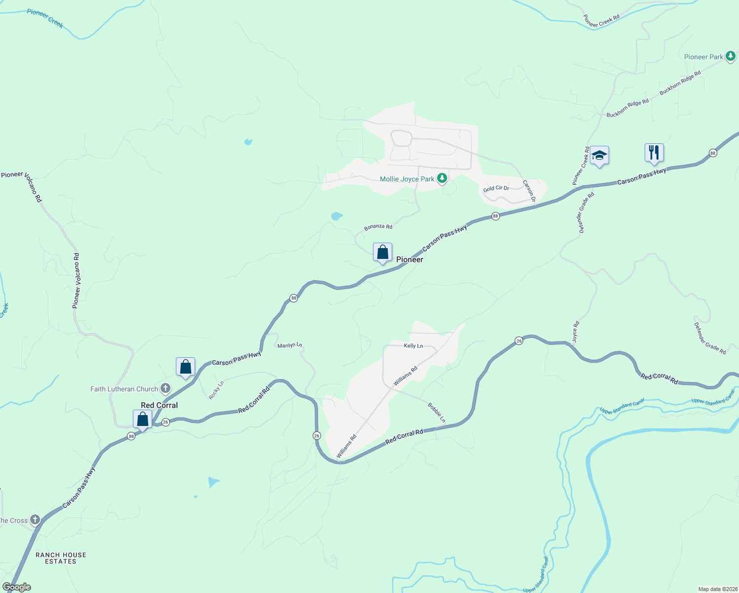 map of restaurants, bars, coffee shops, grocery stores, and more near 23548 Robin Road in Pioneer