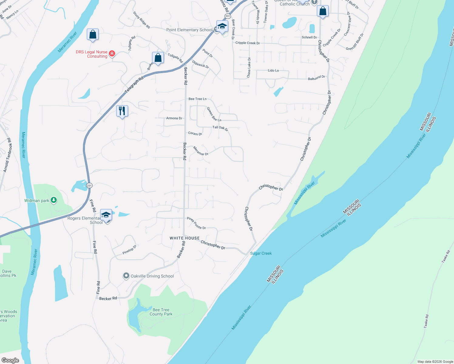 map of restaurants, bars, coffee shops, grocery stores, and more near 2847 Spring Water Drive in St. Louis