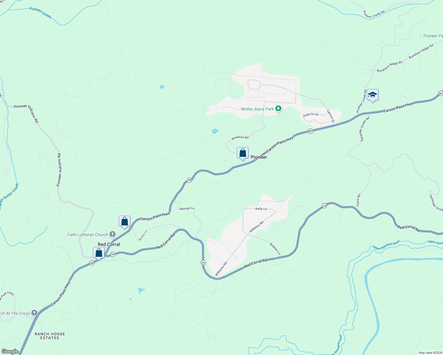 map of restaurants, bars, coffee shops, grocery stores, and more near 23456 Robin Road in Pioneer